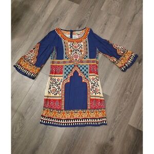 Flying Tomato Anthropologie Medium Tunic Boho Tribal Print Bell Sleeve Dress